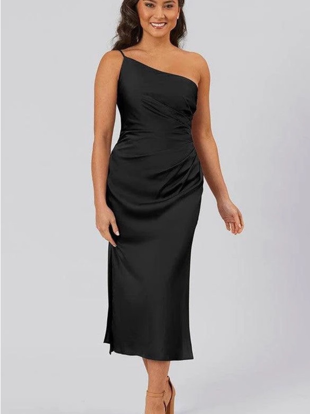 Women’s One-Shoulder Black Satin Midi Dress